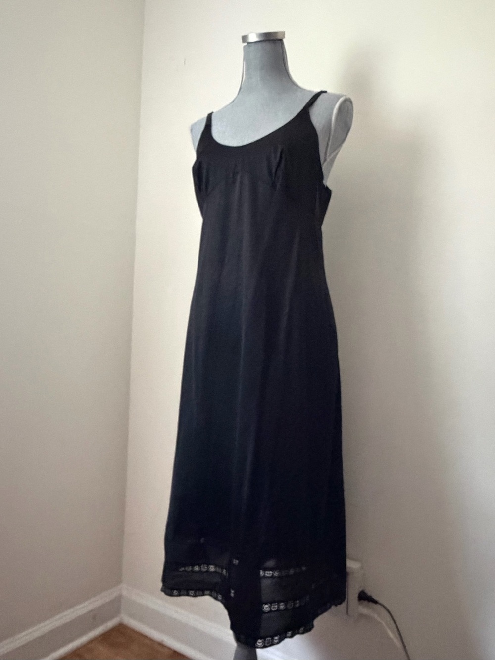 Vintage Sears Size 38 Classic Black Slip Dress with Lace Eyelet Hem